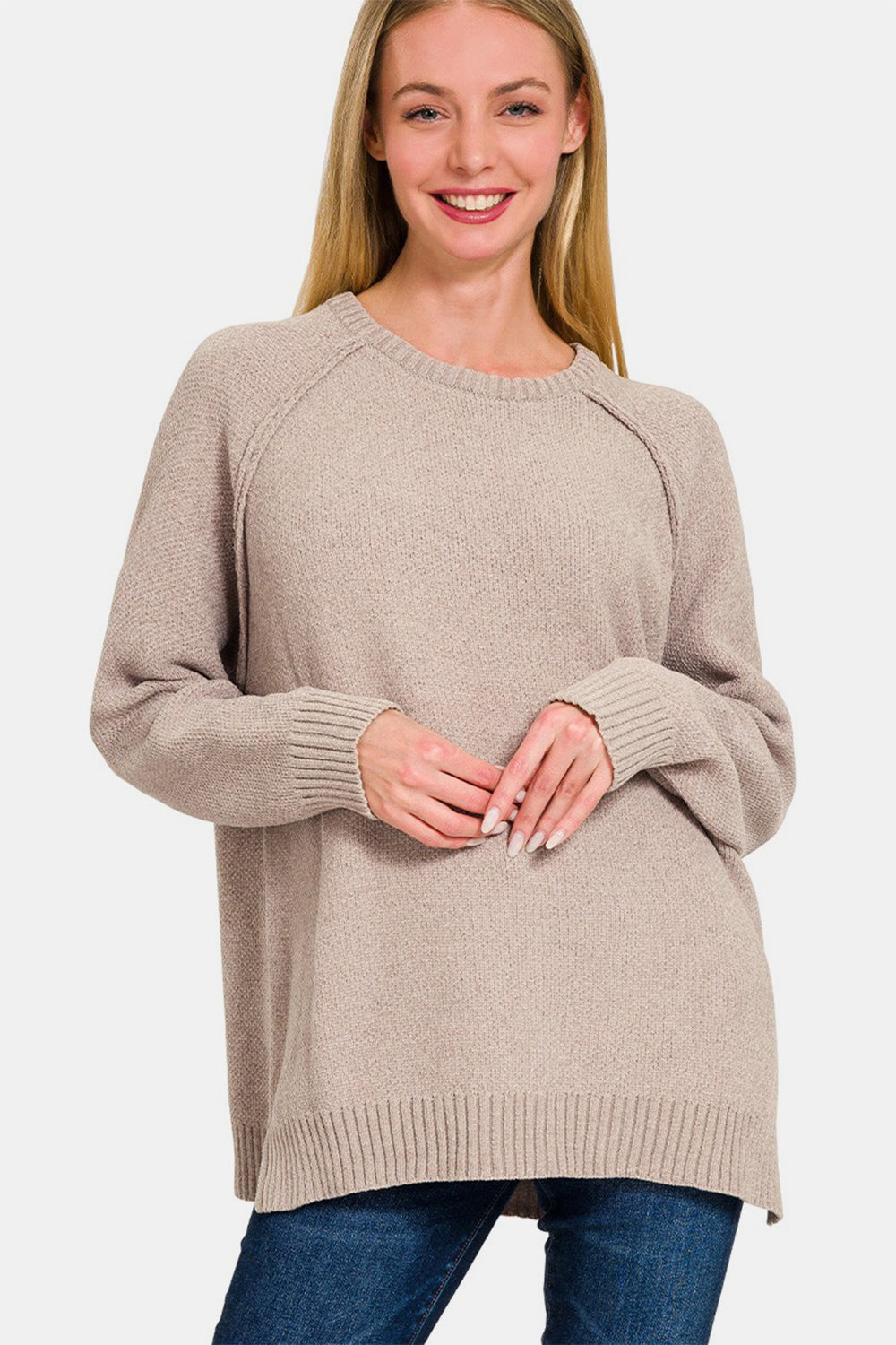 Zenana Chenille Side Slit Raglan Sleeve Sweater in Light Mocha Light Mocha Shirts & Tops