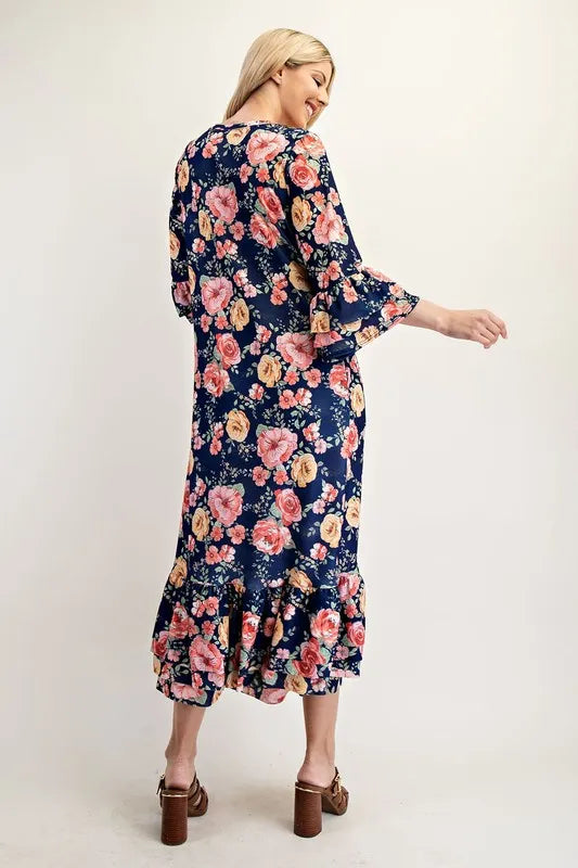 Celeste Soft Navy Floral Ruffle Trim Dress