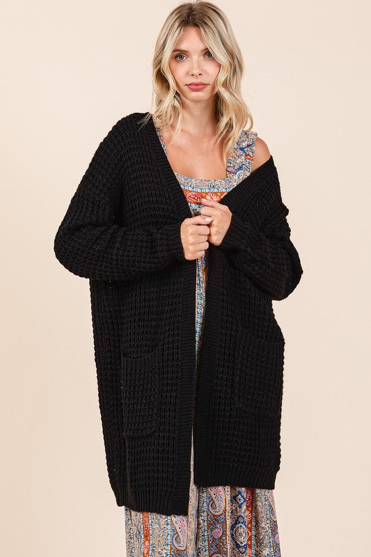 Mittoshop Black Waffle Knit Open Front Long Sleeve Longline Cardigan Black Cardigan