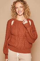 POL Fired Brick Cable Knit Key Hole Cutout Balloon Sleeve Sweater Fired Brick Trendsi