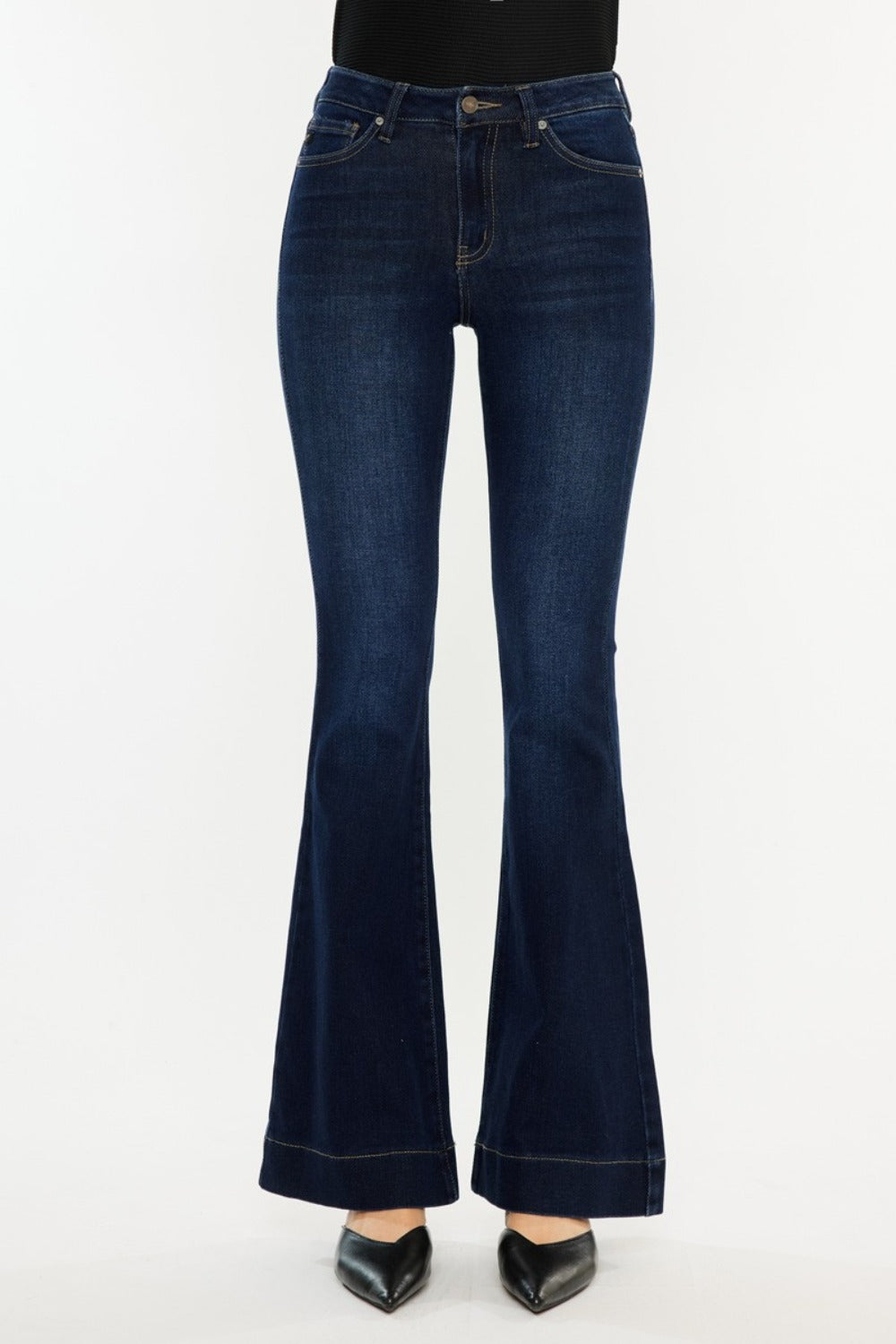 Kancan Dark Washed High Rise Slim Flare Jeans Dark Trendsi