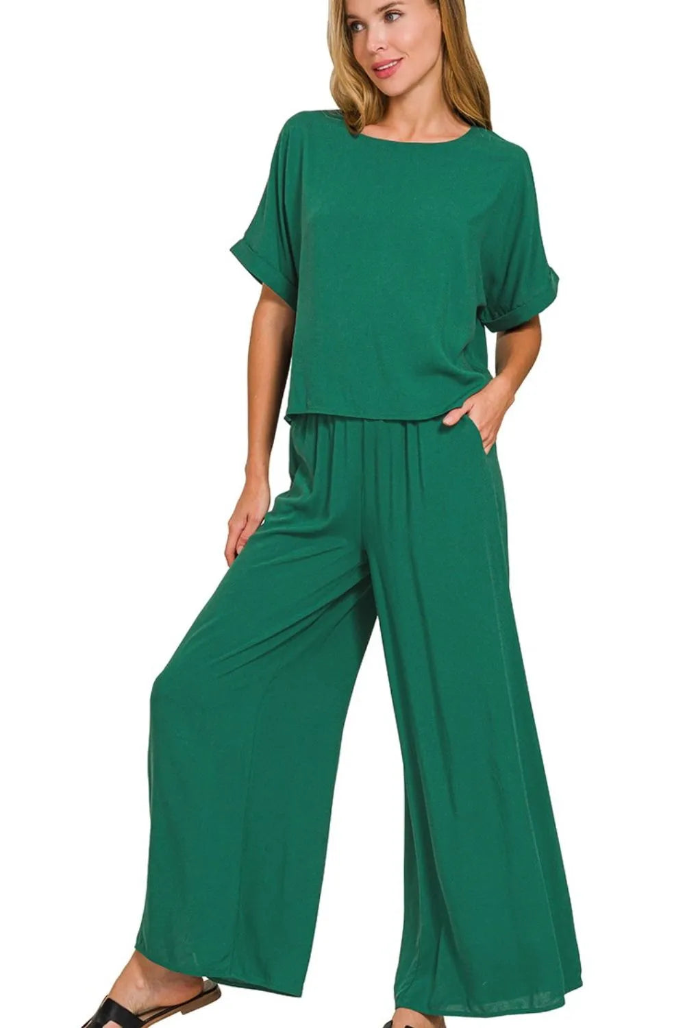 Zenana Dark Green Round Neck T-Shirt and Wide Leg Pants Set