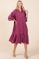 Mittoshop Deep Purple Mineral Wash Cotton Gauze Ruffle Midi Shirt Dress Deep Purple