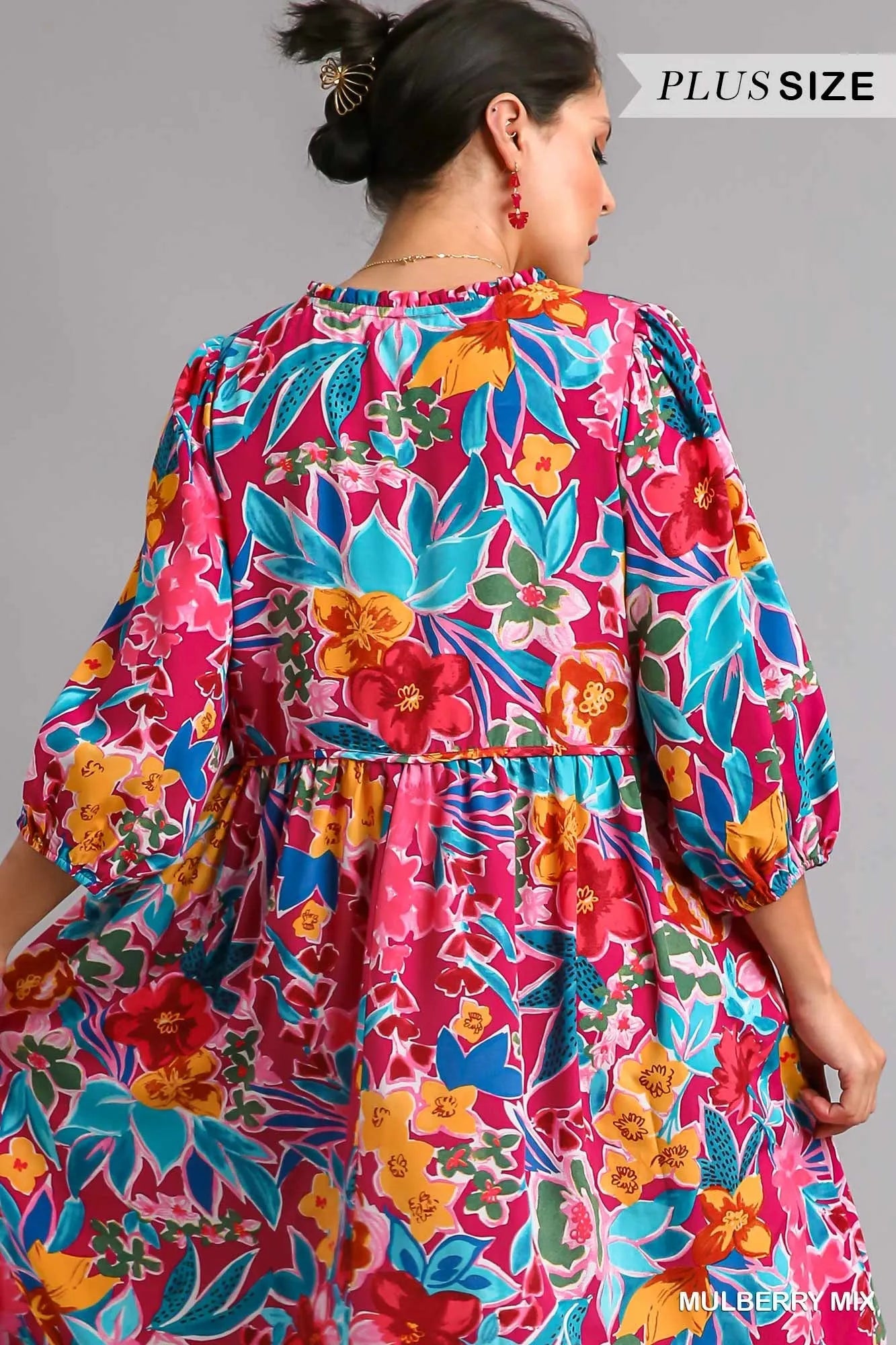 Umgee Mulberry Mix Floral Print Tie Neck Midi Dress with Pockets