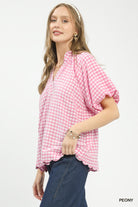 Umgee Peony Gingham Bubble Sleeve Blouse with Scallop Hem