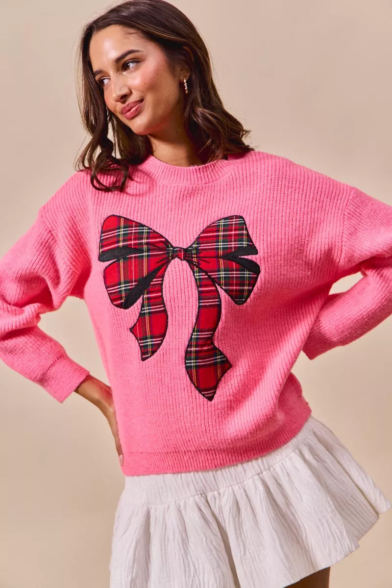 SO ME Pink Checker Plaid Ribbon Christmas Holiday Sweater