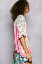 POL Candy Pink Floral Patchwork Lace Accent Blouse