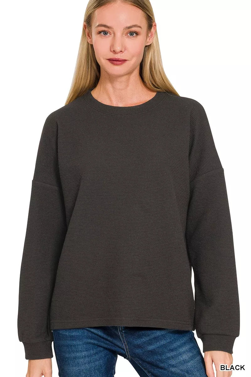 Zenana Black Double Knit Round Neck Long Sleeve Top BLACK