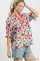 Umgee Red Mix Floral Print Ruffle Top