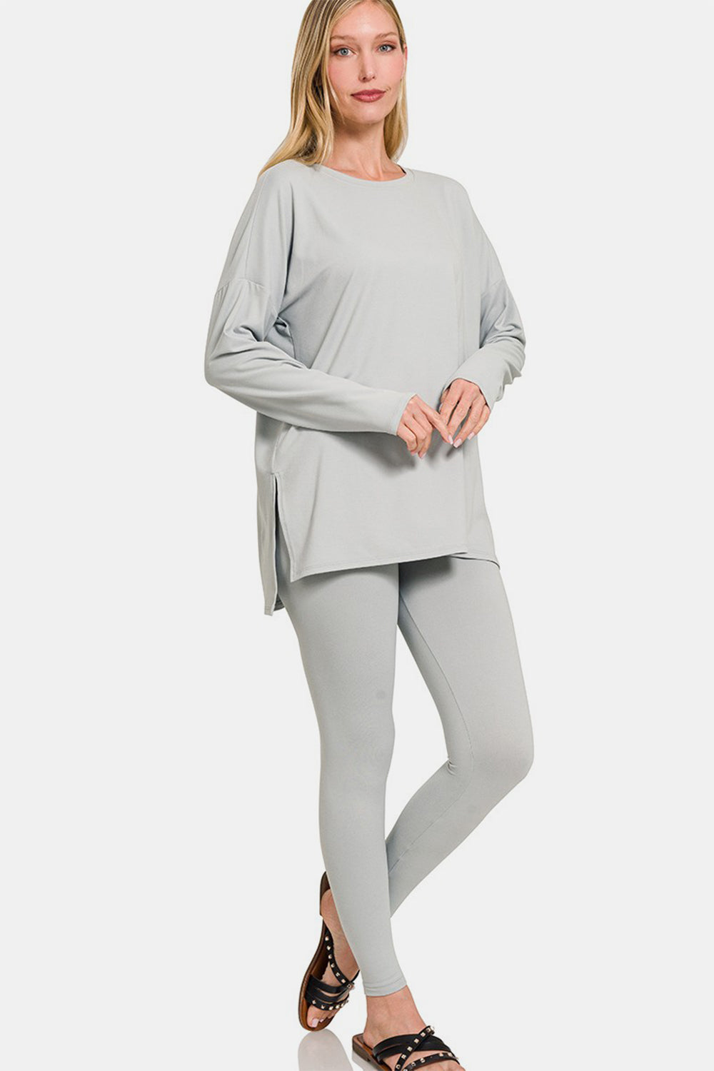 Zenana Light Grey Brushed Microfiber Long Sleeve Top and Leggings Lounge Set Lt Grey Trendsi