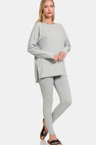 Zenana Light Grey Brushed Microfiber Long Sleeve Top and Leggings Lounge Set Lt Grey Trendsi