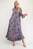 Celeste Navy Paisley Ruffle Hem Round Neck Dress Dresses