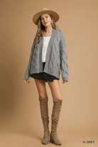 Umgee Heather Grey Chunky Cable Knit Open Front Cardigan