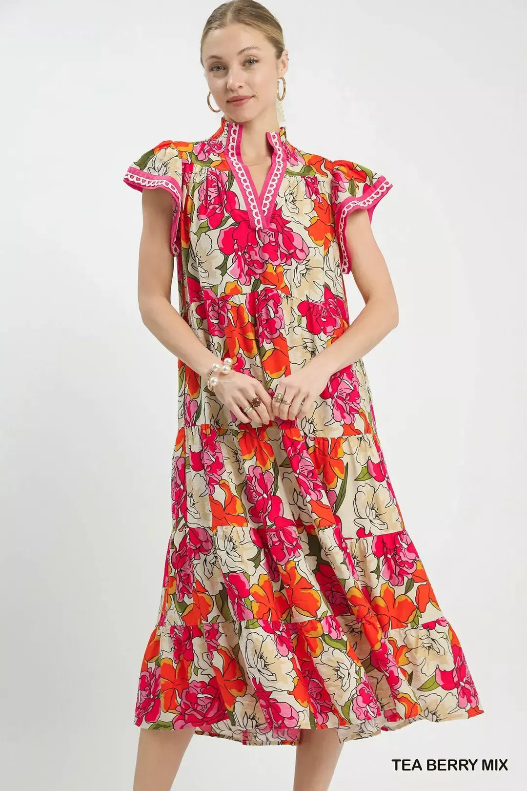 Umgee Tea Berry Mix Bold Floral Tiered Midi Dress TEA BERRY MIX
