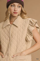Umgee Tan Corduroy Quilted Ruffle Sleeve Vest