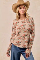 BiBi Taupe Floral Print Washed Waffle Thermal Top with Thumb TAUPE