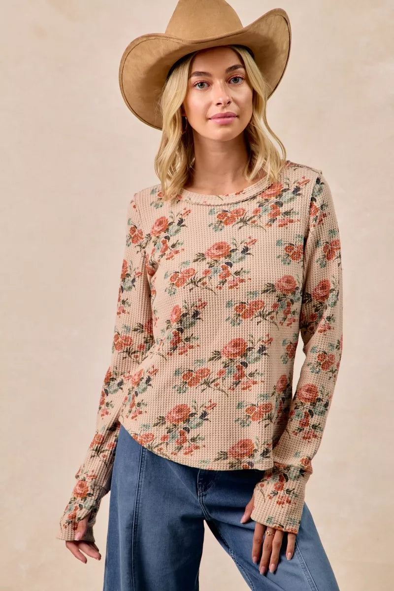 BiBi Taupe Floral Print Washed Waffle Thermal Top with Thumb TAUPE