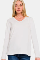 Zenana White V-Neck Long Sleeve T-Shirt Shirts & Tops