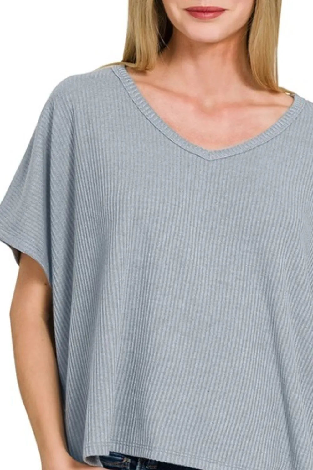 Zenana Blue Grey Ribbed V-Neck Short-Sleeve Knit Top