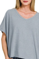 Zenana Blue Grey Ribbed V-Neck Short-Sleeve Knit Top