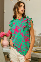 BiBi Jade & Fuchsia Leopard Leaves Print Flutter Sleeve Woven Blouse