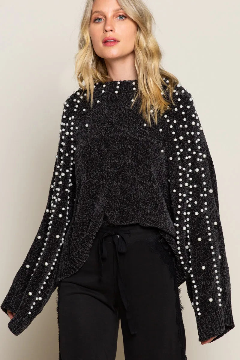 POL Black Oversized Pearl Embellished Sweater