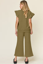 Double Take Quilted Textured Ruffle Short Sleeve Top and Drawstring Wide Leg Pants Set Trendsi