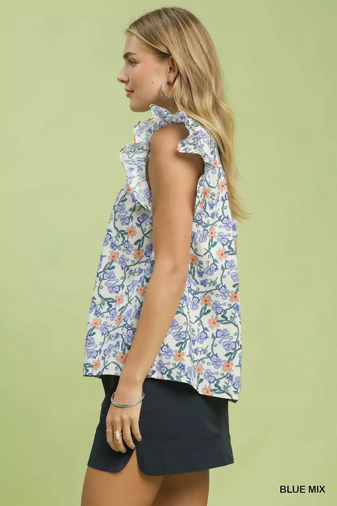 Umgee Blue Floral Print Ruffle Cap Sleeve Blouse