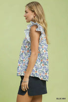 Umgee Blue Floral Print Ruffle Cap Sleeve Blouse