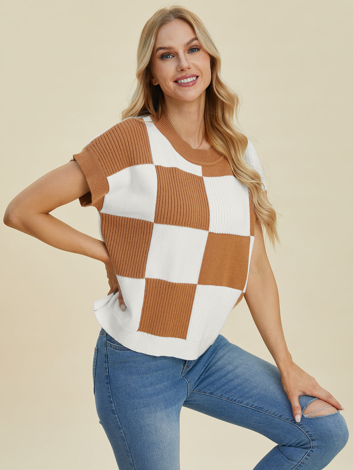 Double Take Checkered Round Neck Short Sleeve Sweater Camel Trendsi