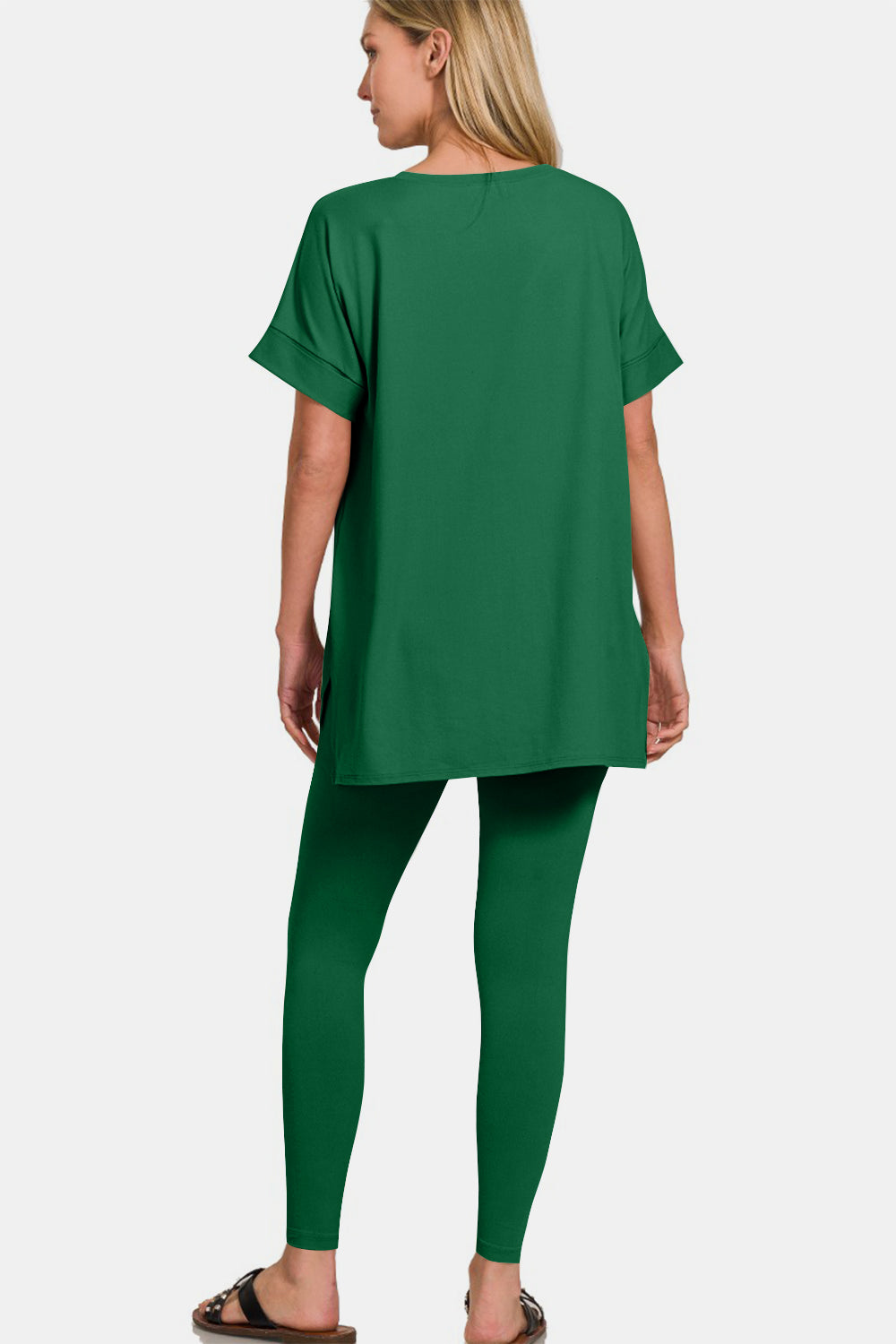 Zenana Dark Green V-Neck Rolled Short Sleeve T-Shirt and Leggings Lounge Set Trendsi