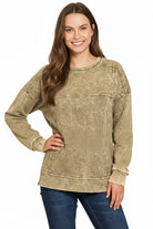 Zenana Acid Wash French Terry Exposed-Seam Pullover MOCHA