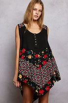 POL Black Round Neck Ribbed Tank with Woven Print Patch