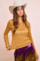 BiBi Mustard Ruffles Detail Mardi Gras Color Flower Lace Top