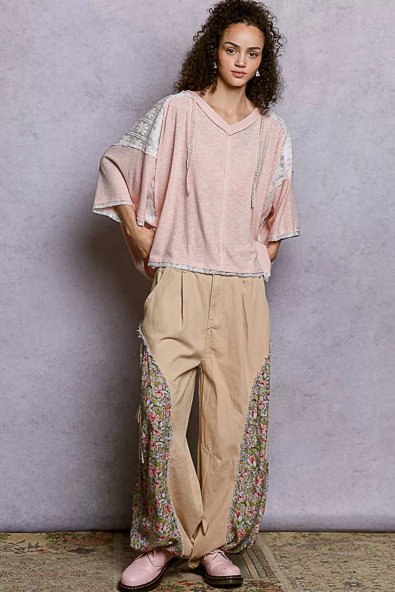 POL Blush Pink Short Sleeve Hoodie Top with Lace Detail