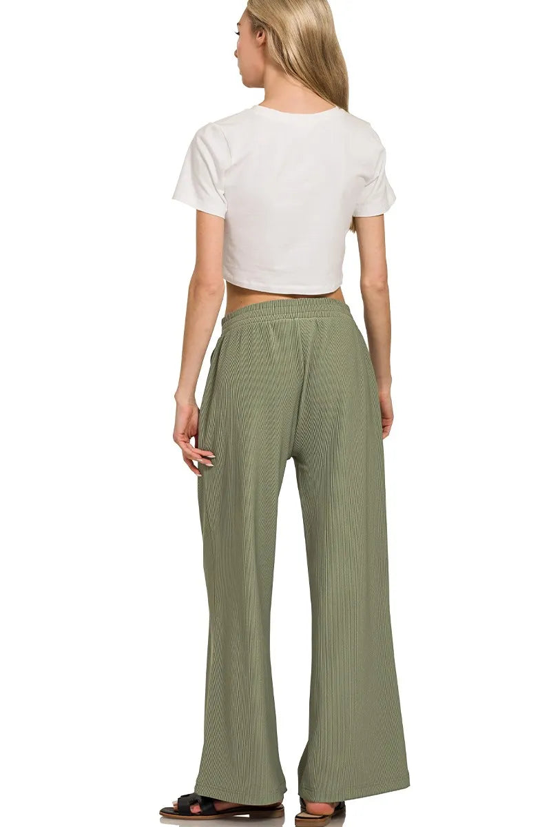 Zenana Light Olive Ribbed High Neck Half Zip Pullover & Pants Set