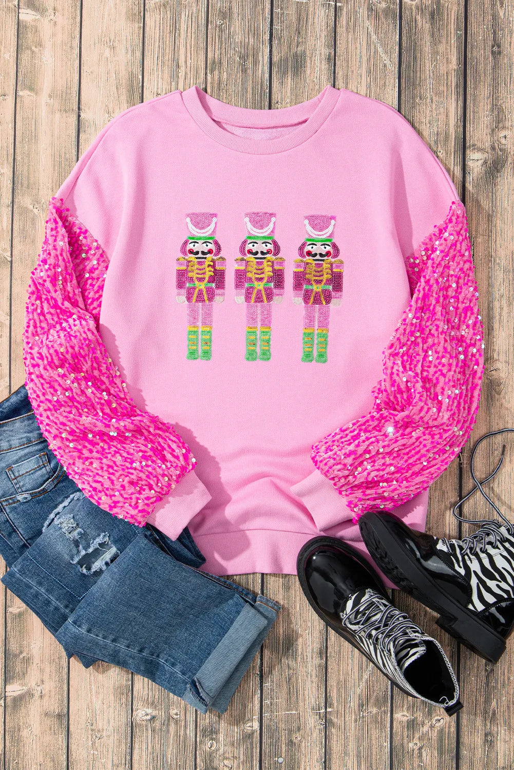 Preorder Pink Sequin Nutcracker Dropped Shoulder Sweater Trendsi