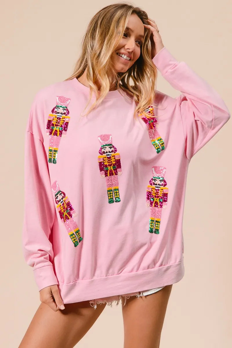 BiBi Light Pink Sequin Nutcrackers Embroidery Christmas Sweatshirt