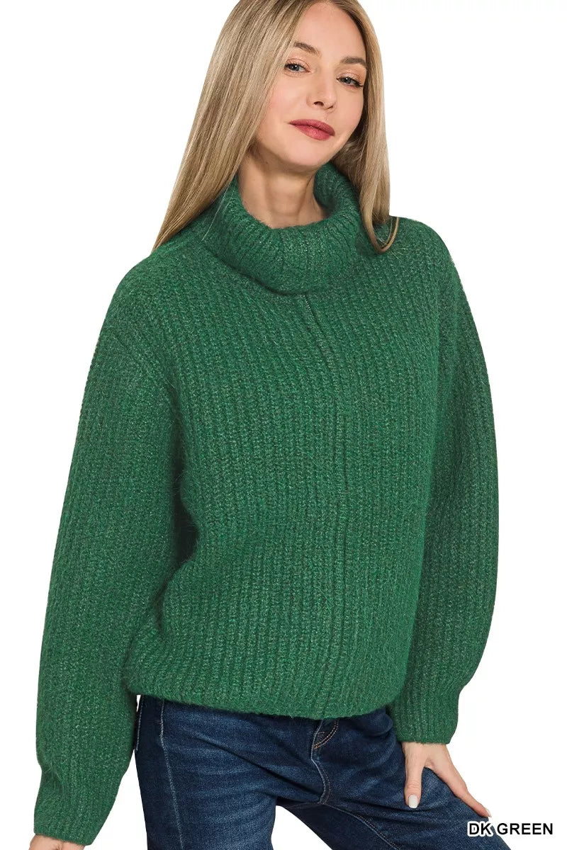 Zenana Dark Green High Neck Full Zip Sweater Cardigan