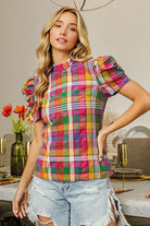 BiBi Short Puff Sleeve Washed Vintage Plaid Top