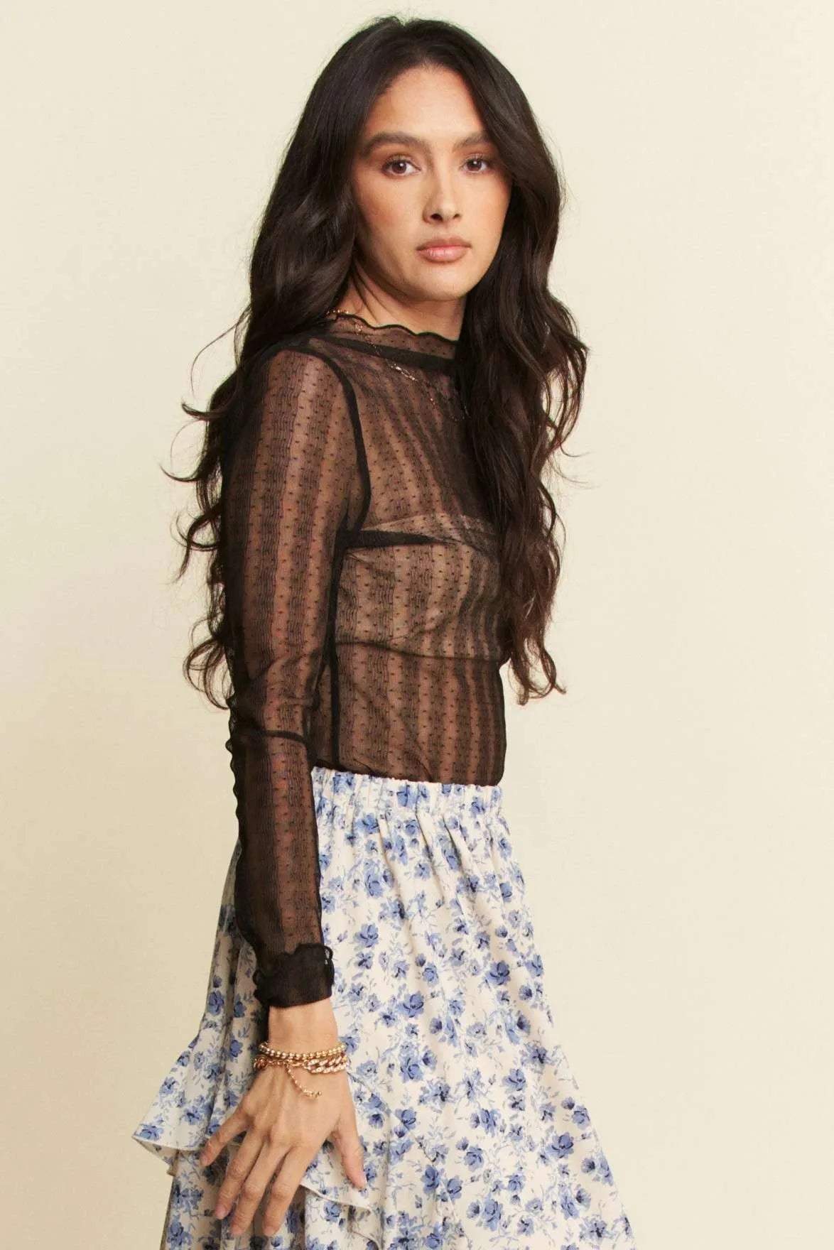 Davi & Dani Black Turtle Neck Lace Dotted Stretch Mesh Sheer Top