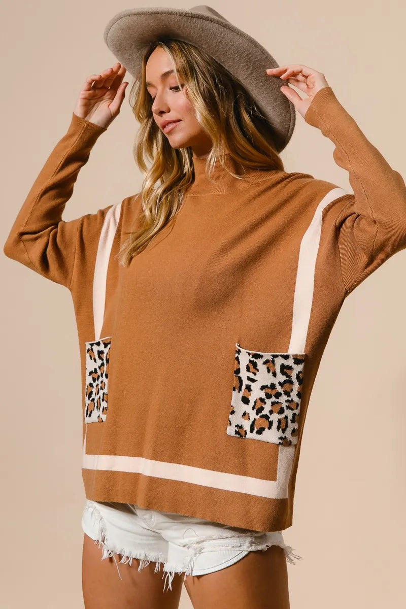 BiBi Camel Mock Neck Sweater with Leopard Pocket