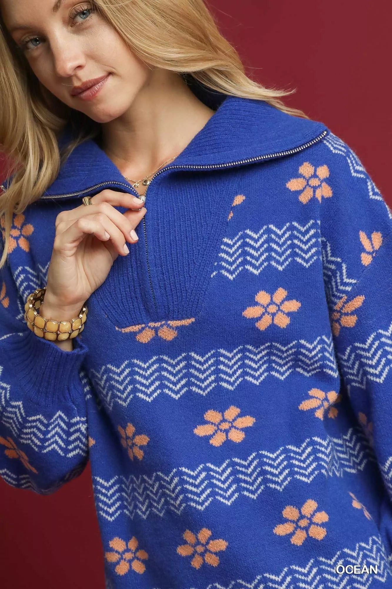 Umgee Ocean Floral Patterned Jacquard Quarter-Zip Pullover Sweater