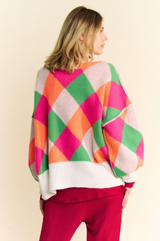 Davi & Dani Pink & Orange Exposed Seam Color Block Dropped Shoulder Sweater Trendsi