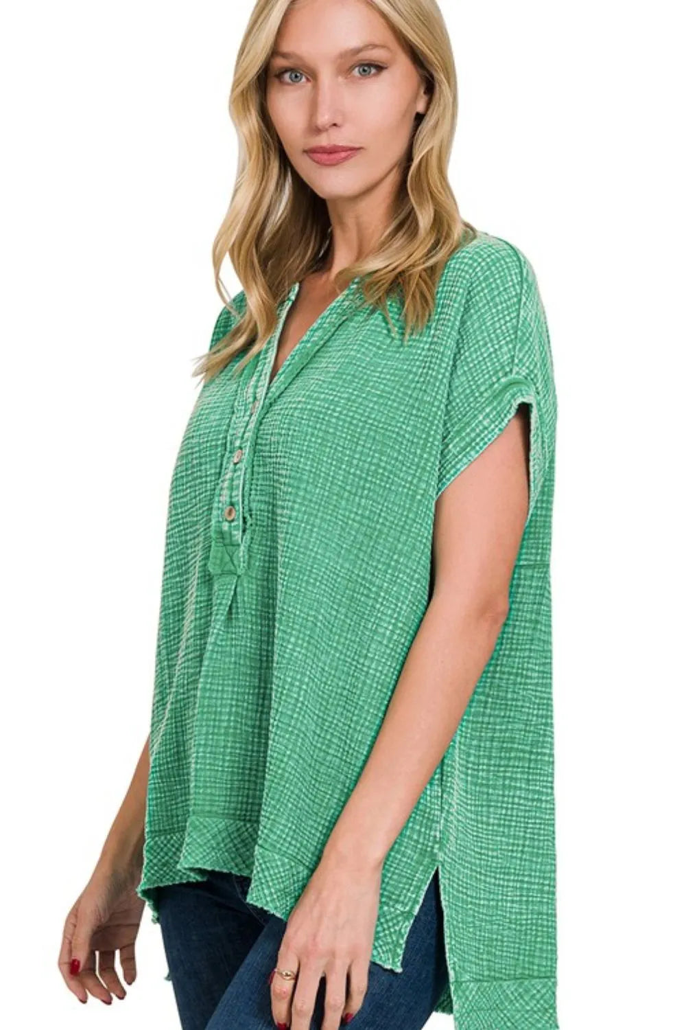 Zenana Kelly Green Washed Double Gauze 3/4 Button Henley Neck Shirt K GREEN