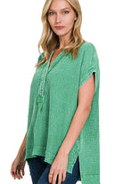 Zenana Kelly Green Washed Double Gauze 3/4 Button Henley Neck Shirt K GREEN