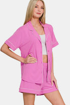 Zenana Bright Mauve Button Down Short Sleeve Top and Shorts Lounge Set Loungewear