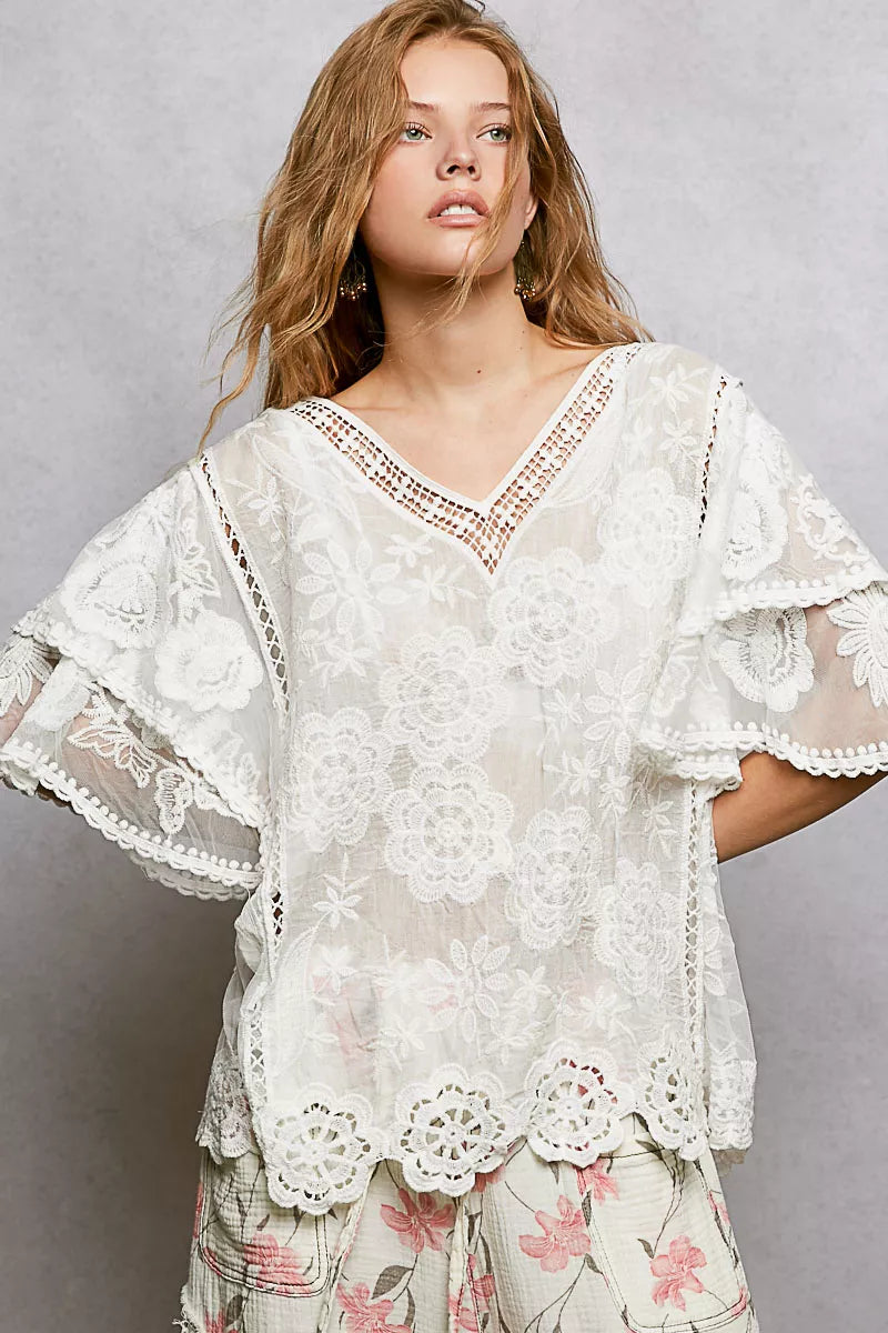 POL Off White Floral Crochet V-Neck Short Sleeve Blouse with Scalloped Hem OFFWHITE One Size