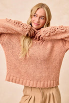 BiBi Dusty Peach Chunky Knit Sweater with Flower Detail Sleeves