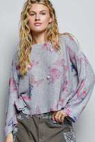 POL Heather Grey Ribbed Butterfly Print Round Neck Knit Sweater Top